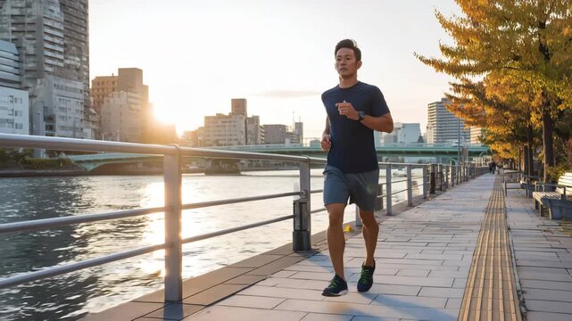 日本人男性が川沿いで朝のランニング