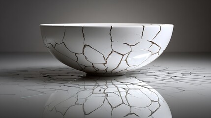 Broken Ceramic Bowl with Visible Cracks on Reflective Surface