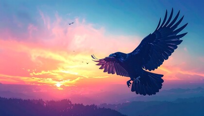Raven soaring at sunrise over a landscape