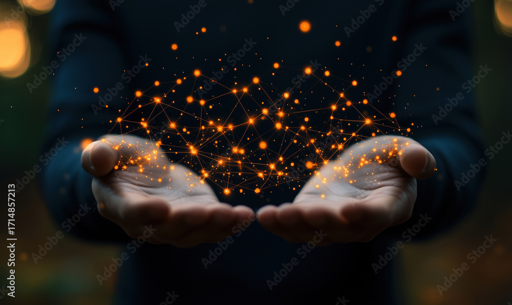 Poster hands holding glowing network of connections and data points in dark environment, flat lay compositi