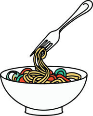 Black bold outline with white background, Black bold outline with white background, Minimal line art of pasta bowl with fork twirling noodles