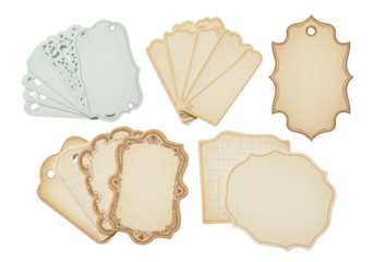 Six antique-style blank paper labels, ornate die-cut shapes, varied textures, aged beige, cream, brown, transparent studio background, flat lay, concept of vintage design elements and antique