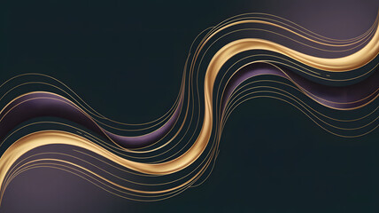 Abstract flowing golden and purple wavy lines with sparkling glitter on a dark background