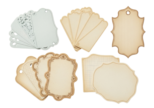 Six antique-style blank paper labels, ornate die-cut shapes, varied textures, aged beige, cream, brown, transparent studio background, flat lay, concept of vintage design elements and antique - Powered by Adobe
