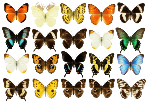 Diverse, colorful butterflies meticulously arranged on transparent studio background, showcasing unique wing shapes and vibrant coloration. Photorealistic macro study of biodiversity