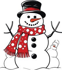 Black bold outline with white background, Black bold outline with white background, Outline of snowman with scarf and carrot nose, winter theme