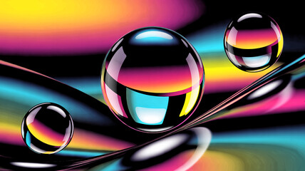 Futuristic 3D abstract illustration and background of glossy chrome spheres floating over iridescent fluid waves in vibrant neon gradient colors, perfect for digital art and design projects