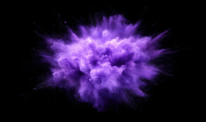 Vibrant purple powder explosion against black background creating dynamic visual impact, image with copy space