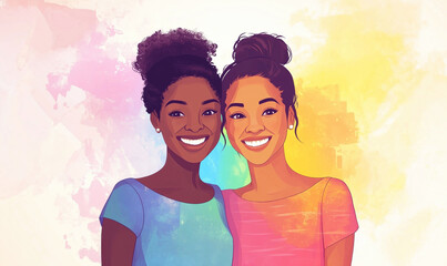 Two smiling young women with diverse hairstyles and colorful backgrounds, minimal style photo