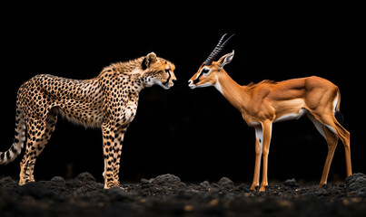 Cheetah and Gazelle Encounter in Dramatic Black Background, high resolution photo