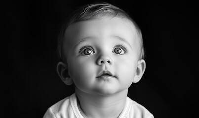 Black and white portrait of a curious baby with expressive eyes and soft features, high quality image