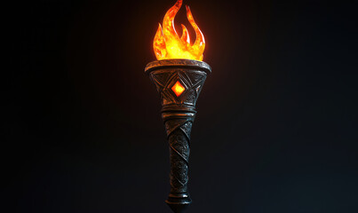 Realistic flaming torch with intricate design and glowing flames, isolated on white background