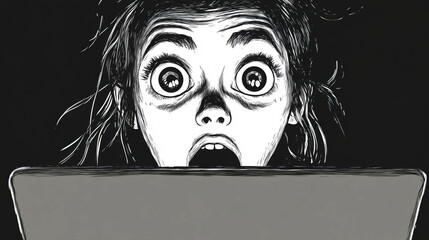 Surprised girl staring at laptop screen with wide eyes and open mouth expression, image with copy space