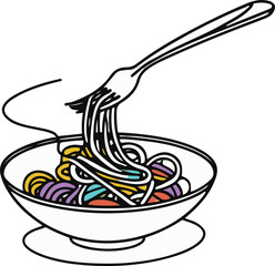 Black bold outline with white background, Black bold outline with white background, Minimal line art of pasta bowl with fork twirling noodles 1