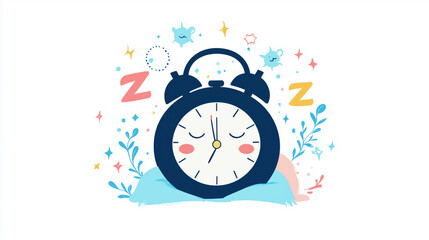 Cute alarm clock illustration with sleeping face and dreamy elements, close up detail
