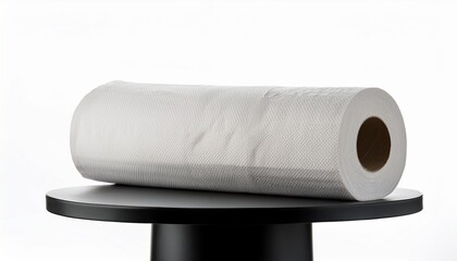 A Roll Of White Paper Towels With Texture On A Black Stand On A White Background Vertical Photo