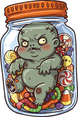 Cartoon zombie baby doll trapped in candy jar with stitches and glowing eyes for Halloween, horror, and spooky themesCartoon zombie baby doll trapped in candy jar with stitches and glowing eyes 