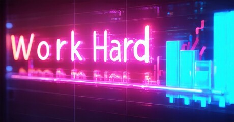 Fototapeta premium Neon sign displays Work Hard. Vibrant pink glows against dark background. Futuristic city skyline visible behind text.