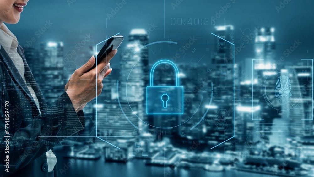Poster digital cyber security lock system highlighting data security encryption, cyber password protection,