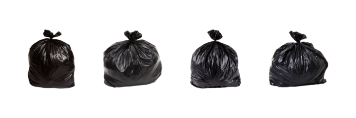 Black Garbage Bags Set. Waste Management And Environmental Awareness Collection Isolated On Transparent Background