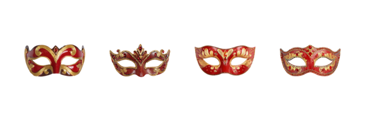 Venetian Masquerade Masks Set. Elegant Carnival And Costume Party Collection Isolated On Transparent Background