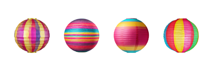 Colorful Paper Lanterns Set. Festive Decoration And Celebration Collection Isolated On Transparent Background