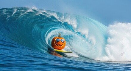 Halloween pumpkin surfing a big wave with sunglasses on water