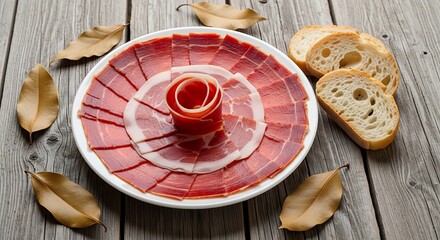 Delicious Cured Ham Platter with Crusty Bread and Autumn Leaves
