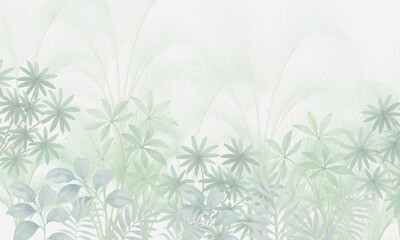 Light Green Botanical Wall Mural with Tropical Foliage – Soft Jungle Seamless Wallpaper © csinie1