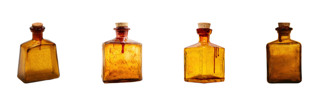Antique Amber Glass Bottles Set. Vintage Apothecary And Decorative Collection Isolated On Transparent Background