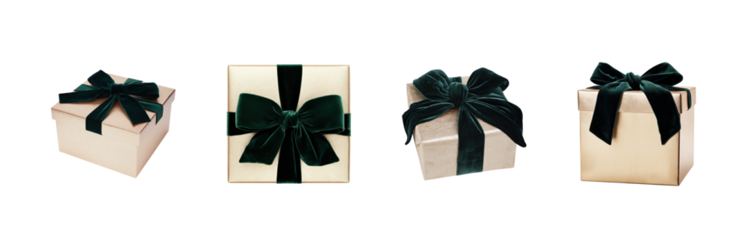 Elegant Gold Gift Boxes With Green Velvet Bows Set. Luxurious Holiday Present Collection Isolated On Transparent Background