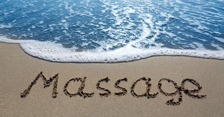 Word massage handwritten on the caribbean sand.