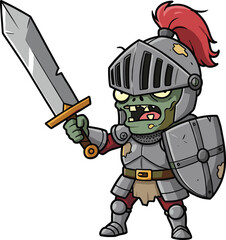 Cartoon zombie knight in medieval armor with sword and shield for Halloween, horror, fantasy,Cartoon zombie knight in medieval armor with sword and shield for Halloween, horror, fantasy,