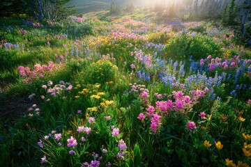 Naklejka premium Sun-Kissed Meadow Bursting with Wildflowers - A Vibrant, Dreamy Landscape.