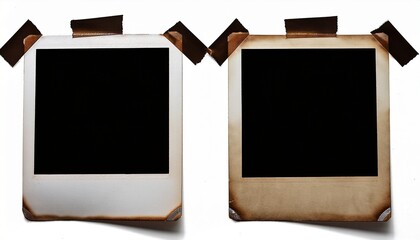 Two Old Blank Instant Photos Attached With Adhesive Tape Are Displayed On A Transparent Background Ready For Customization