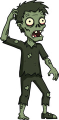 Cartoon zombie scratching head in ripped clothes with confused expression for Halloween, horror, and spooky vector themesCartoon zombie scratching head in ripped clothes with confused expression 