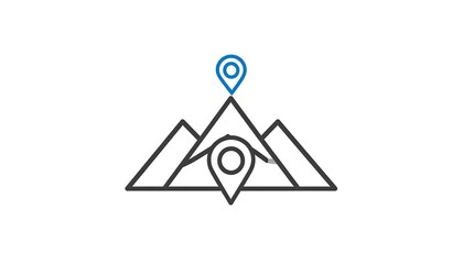 Simple, linear graphic of a location marker atop a stack of stylized mountains, signifying a destination or high point.
