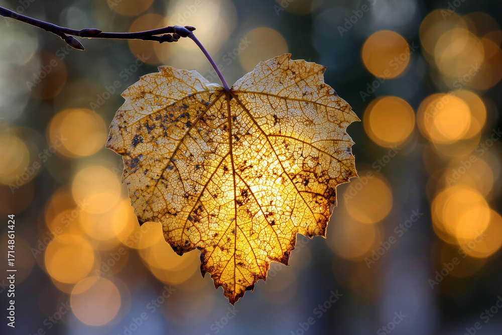 Poster a leaf with a heart shape is hanging from a branch