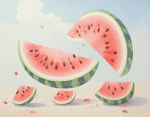Watermelon slices in mid-air