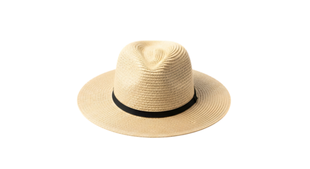 Stylish straw fedora hat with black band for summer fashion and sun protection accessory for men and women transparent background