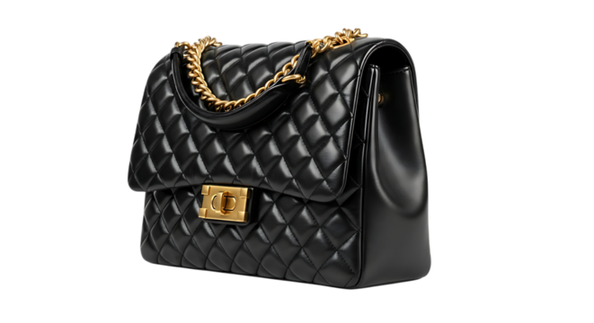 Stylish black quilted leather handbag with gold chain strap luxury fashion accessory for women elegant look transparent background