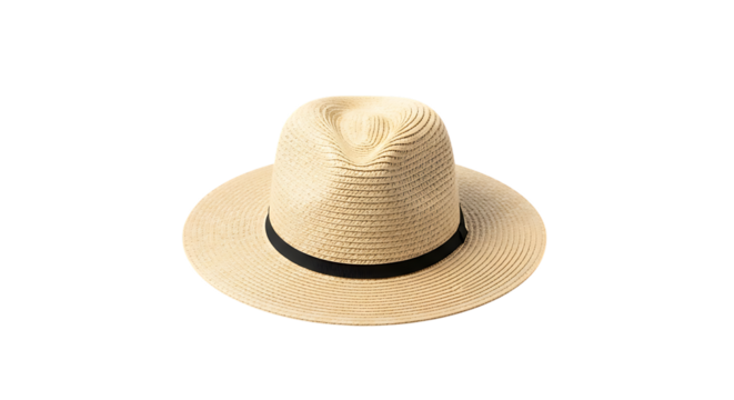 Stylish straw fedora hat with black band for summer fashion and sun protection accessory for men and women transparent background