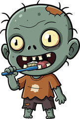 Funny Cartoon Zombie Brushing Teeth with Toothbrush – Cute Halloween Hygiene Character for Kids Vector IllustrationFunny Cartoon Zombie Brushing Teeth with Toothbrush 