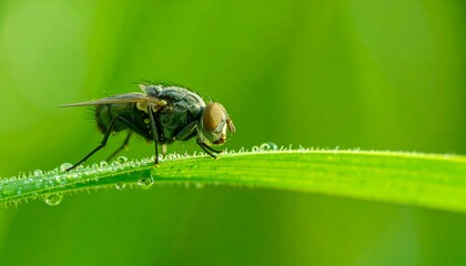 Fototapeta premium Close-up of a fly on a dewy blade of grass