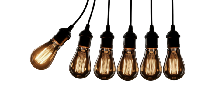 Six photorealistic Edison bulbs, one glowing warm amber in mid-swing, five unlit, against a deep black background, mimicking Newton's Cradle. Concept of innovation and idea propagation