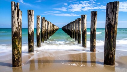 Old wooden posts on a sandy beach leading into the ocean.
