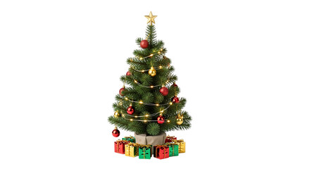 Naklejka premium Decorated christmas tree with lights ornaments and gifts on black background holiday season festive mood transparent background