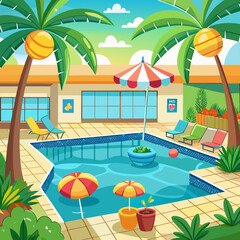 Tropical villa indoor swimming pool cartoon vector illustration fun vacation family leisure