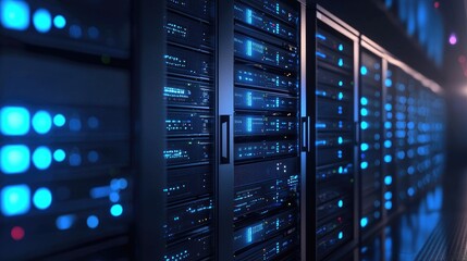 Futuristic data center interior with glowing blue server racks and advanced IT infrastructure for AI computing, cloud storage, cybersecurity, and enterprise digital platforms
