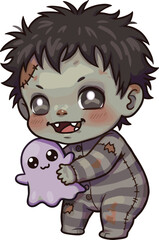 Adorable Zombie Baby Holding Cute Ghost Toy in Cartoon Style with Funny ExpressionAdorable Zombie Baby Holding Cute Ghost Toy in Cartoon Style with Funny Expression